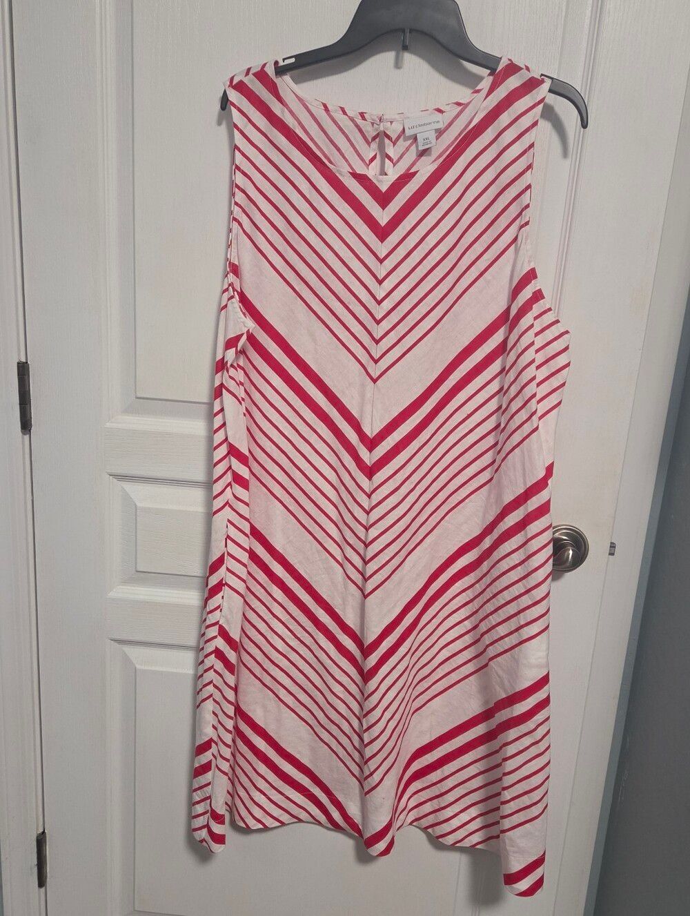 Liz Claiborne Shift Dress Linen Cotton Red White Stripe Chevron Pocket Women XXL